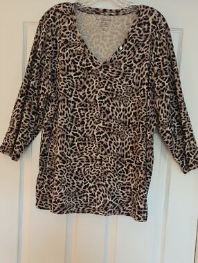 Chico's Leopard Print V-Neck Long Sleeve Top - Beige & Black
